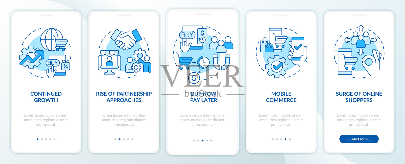 零售策略趋势在移动应用屏幕上呈现蓝色设计模板素材