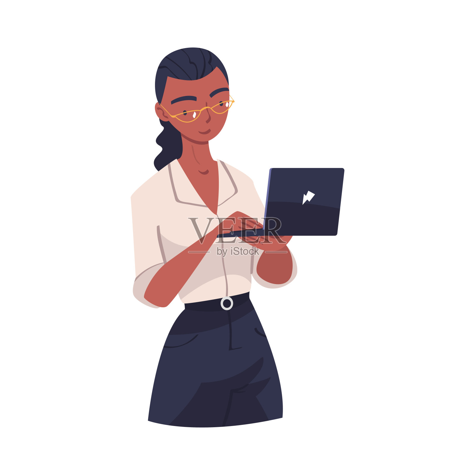 年轻的女商人在白色的上衣,拿着笔记本电脑在办公室工作矢量插图插画图片素材