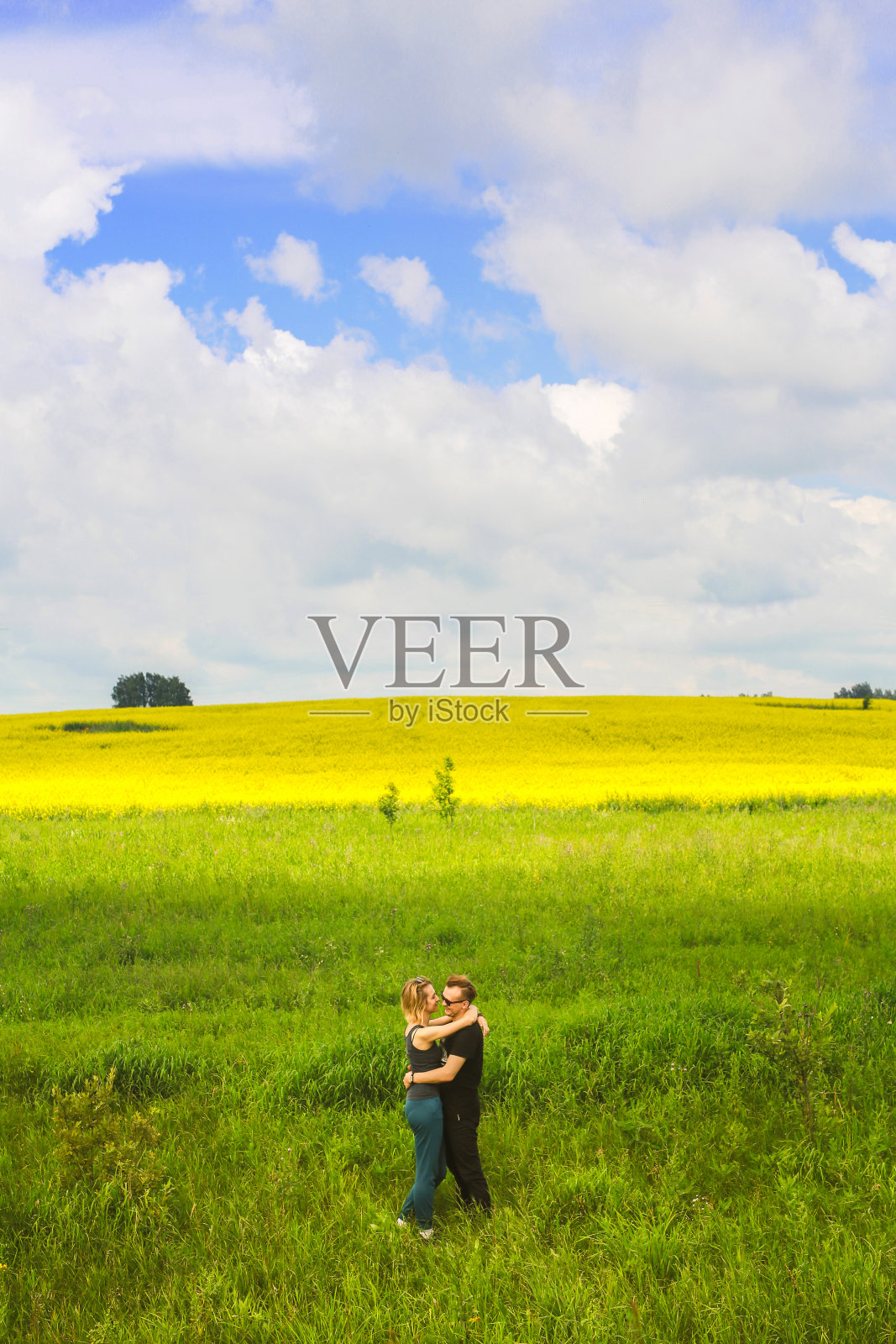 在黄花丛中相爱的情侣照片摄影图片