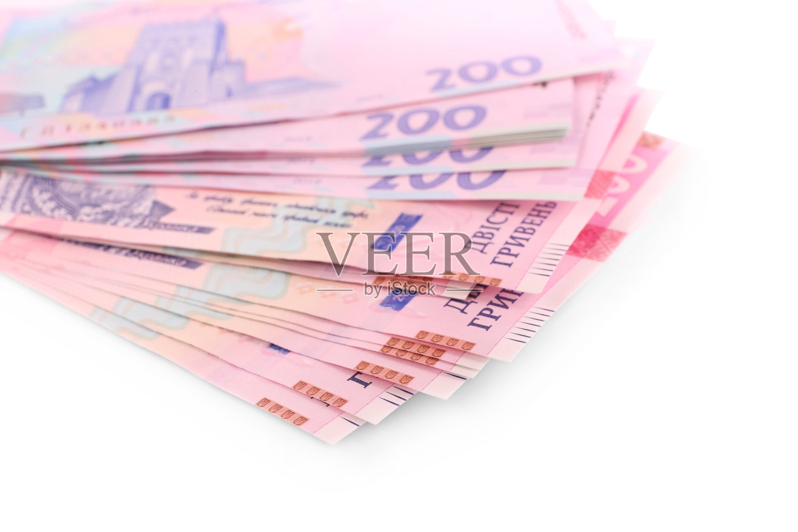 200张乌克兰格里夫尼亚纸币,白色背景,特写照片摄影图片