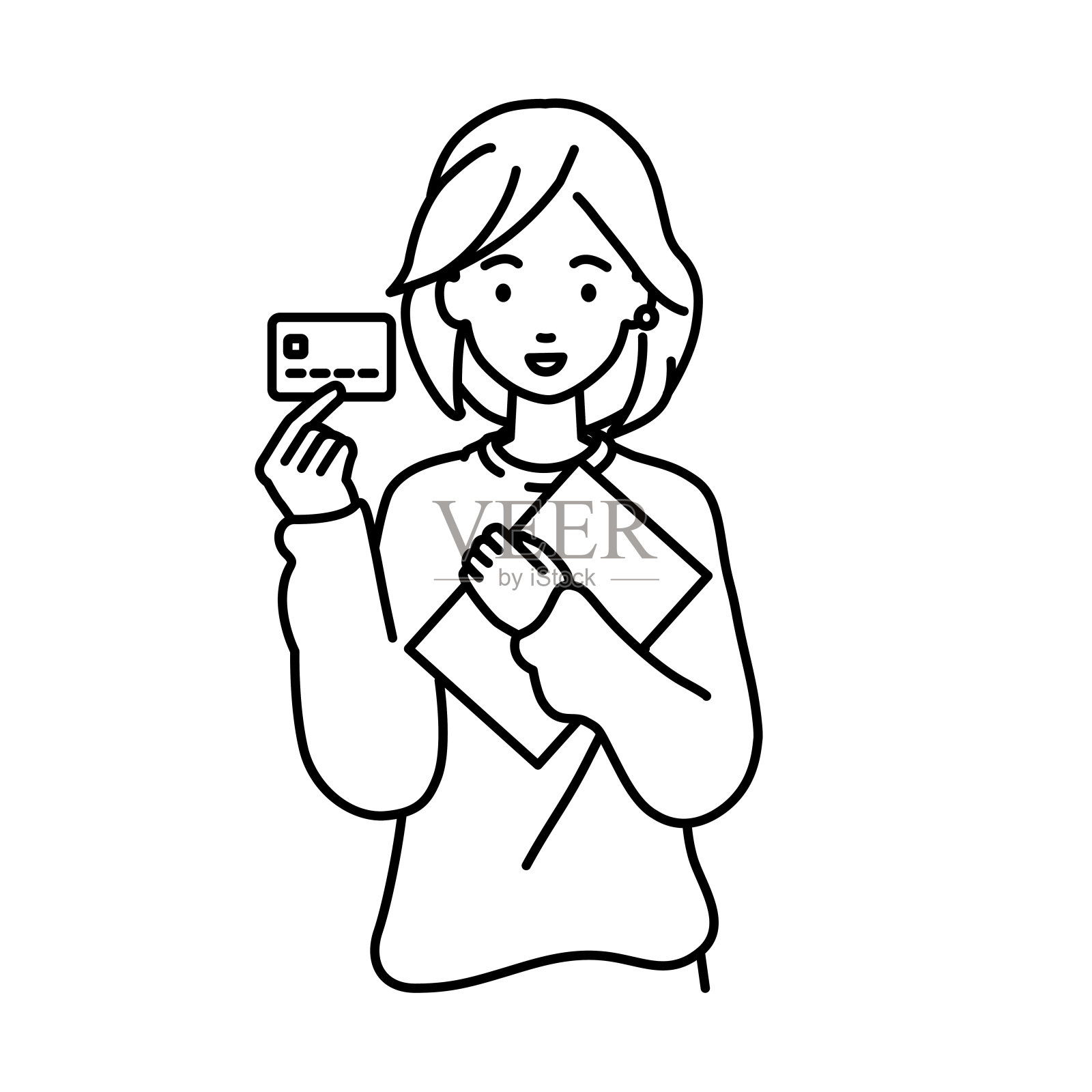 一个穿着随意的女人拿着一张信用卡和一台文件笔记本电脑插画图片素材