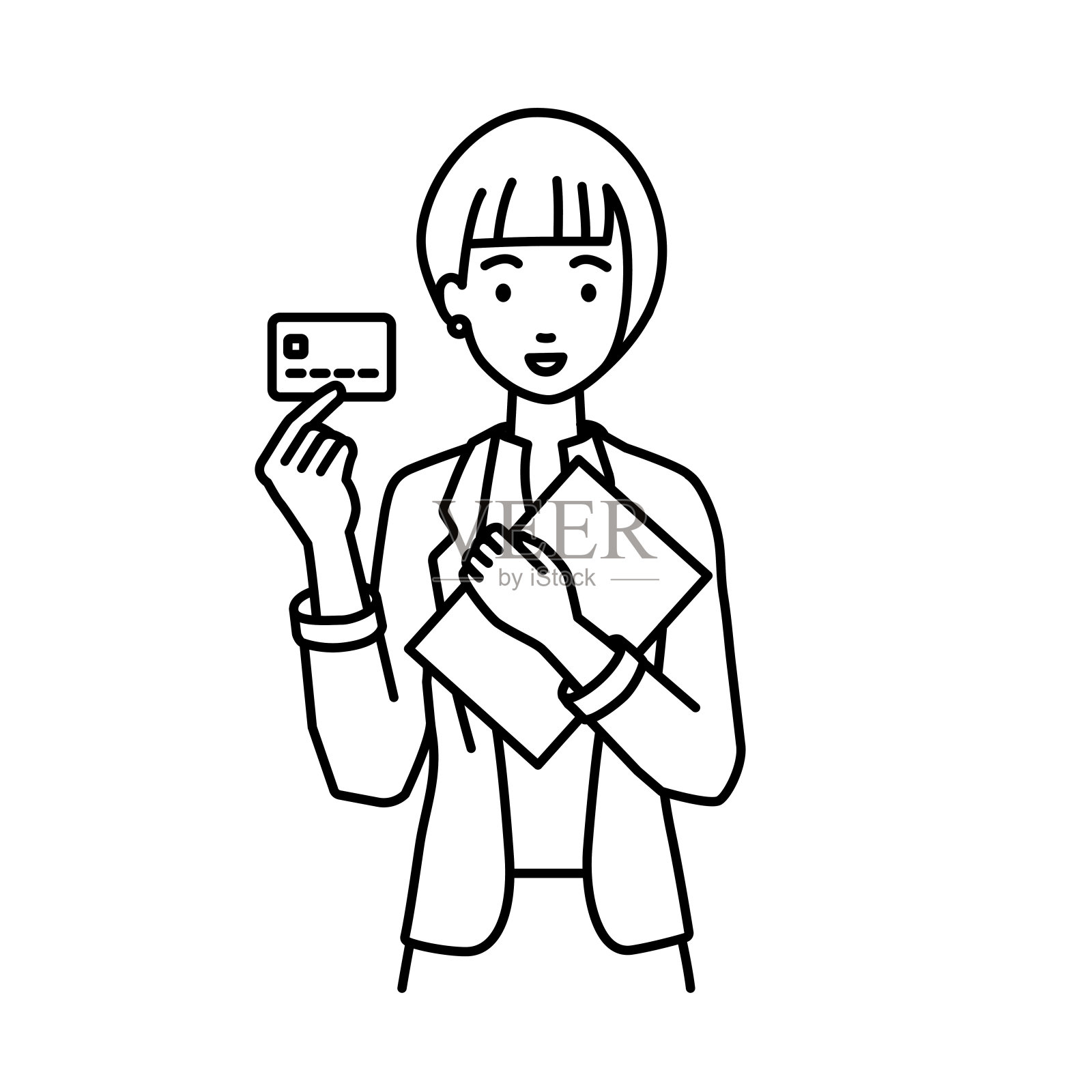 一个穿着工作服的女人拿着一张信用卡和一台装有文件的笔记本电脑插画图片素材