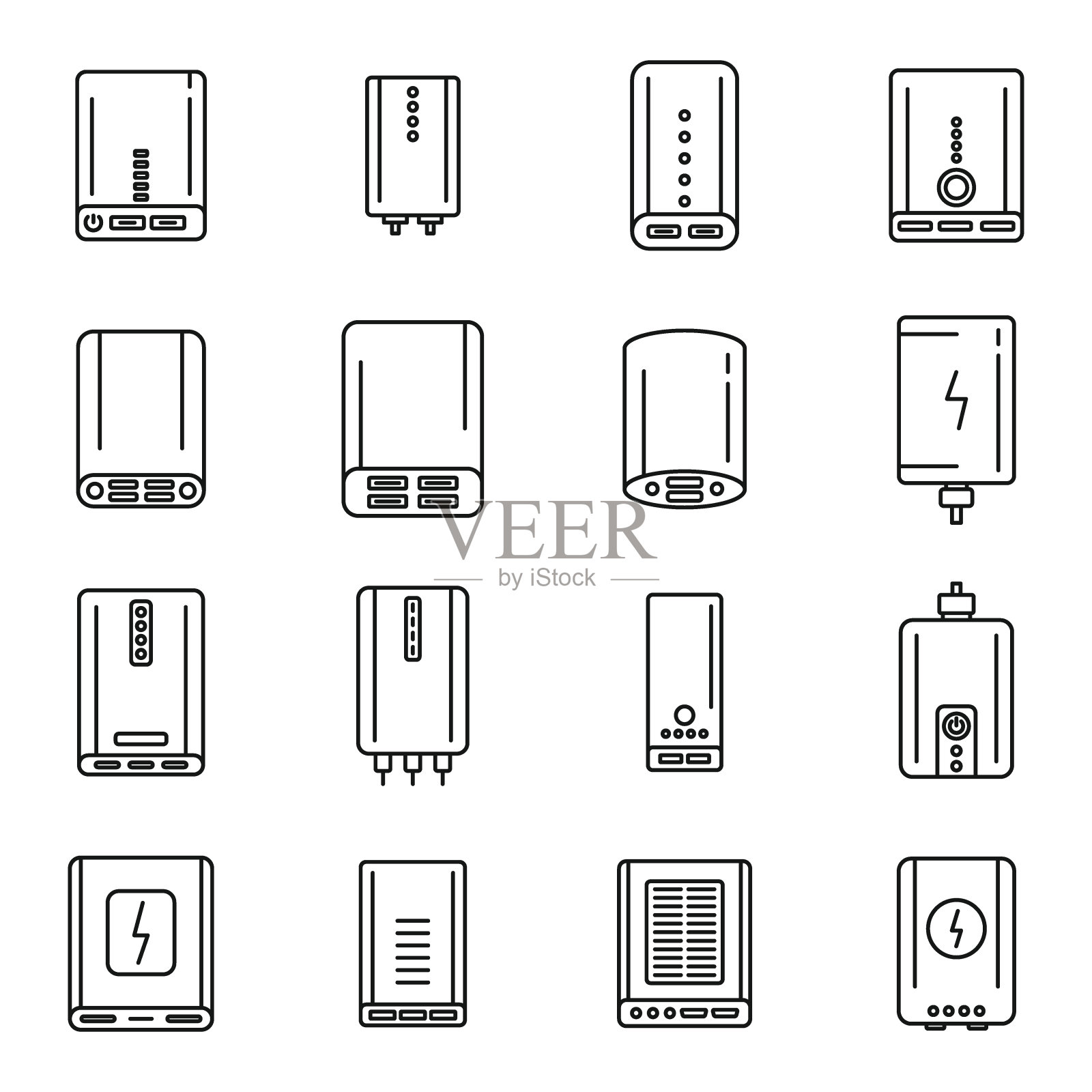 电源银行充电器图标设置轮廓向量。选择电池图标素材