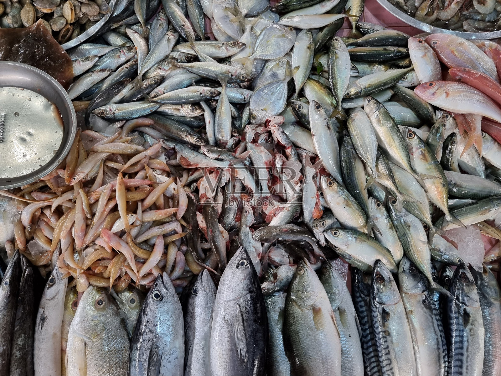 新鲜的鱼被切成片,在生鲜市场上出售。在泰国照片摄影图片