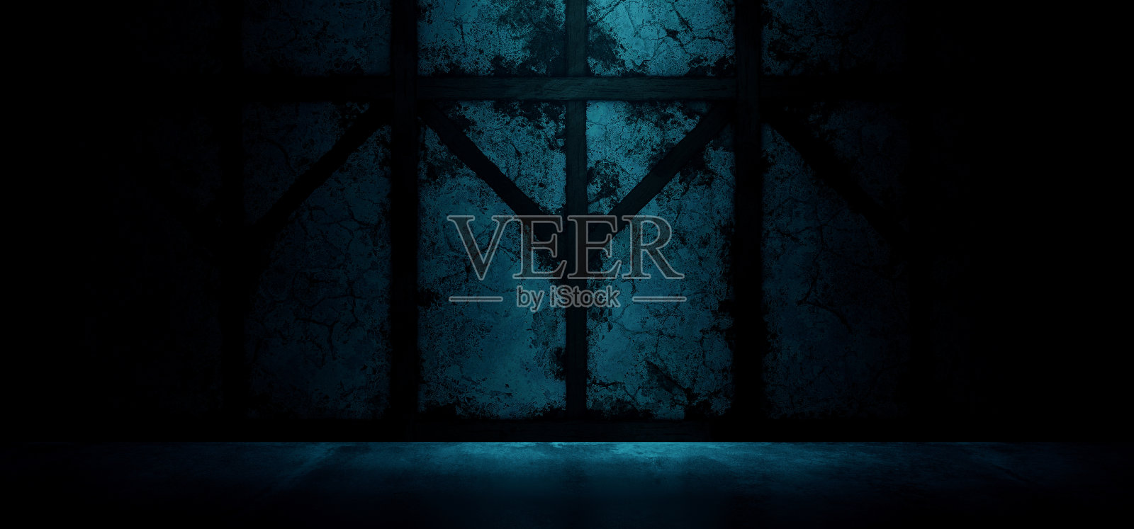 黑暗的舞台平台聚光灯在粗糙的Grunge木谷仓石头混凝土水泥光滑的地板黑暗的机库隧道走廊3D渲染蓝光照片摄影图片