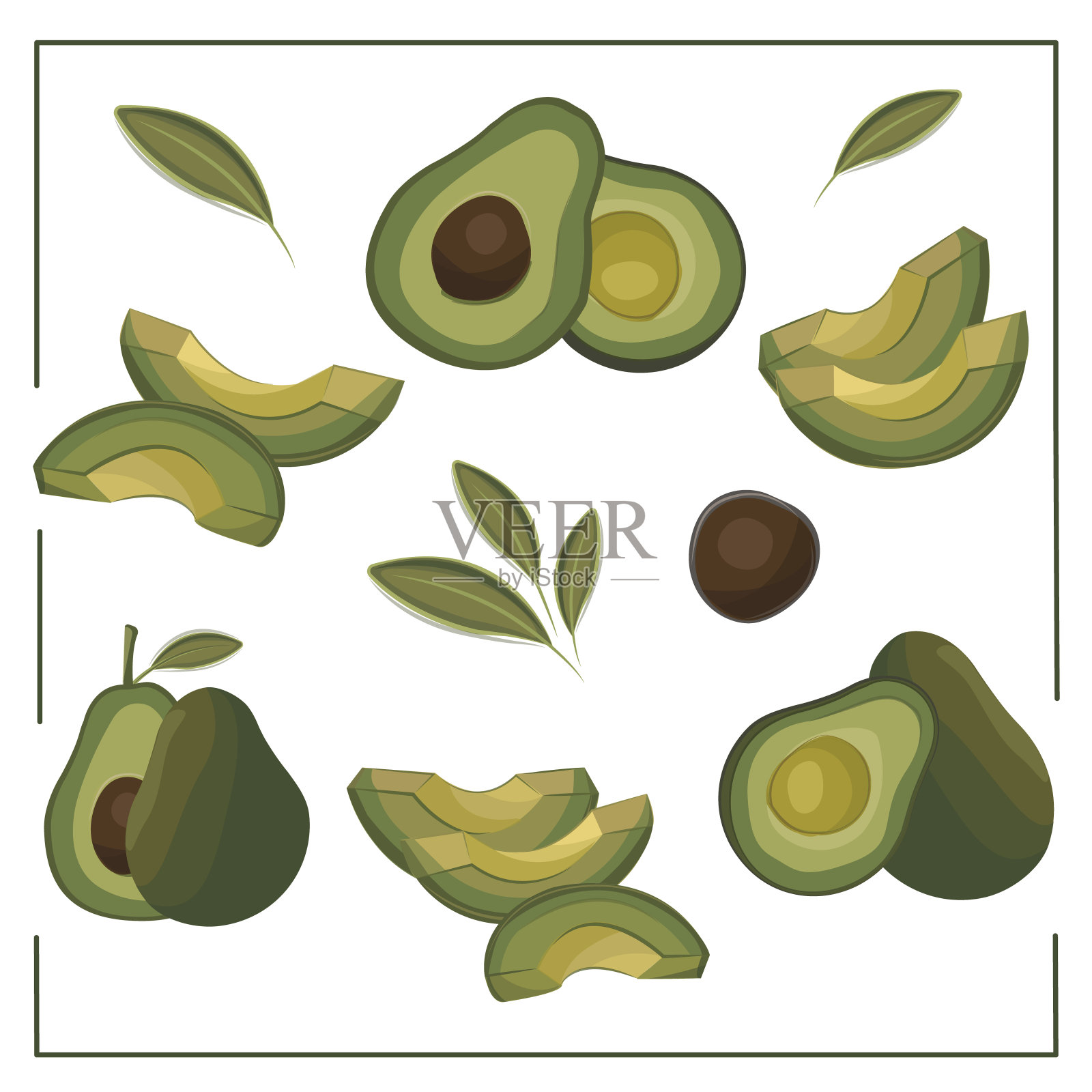 牛油果集生态新鲜美味素食绿色蔬菜水果食品矢量插图插画图片素材