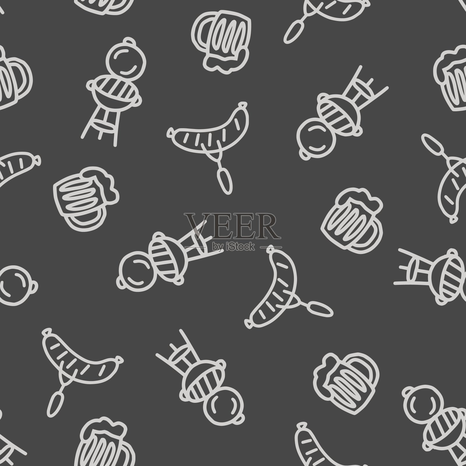 图案的烧烤,烧烤,香肠和啤酒杯插画图片素材