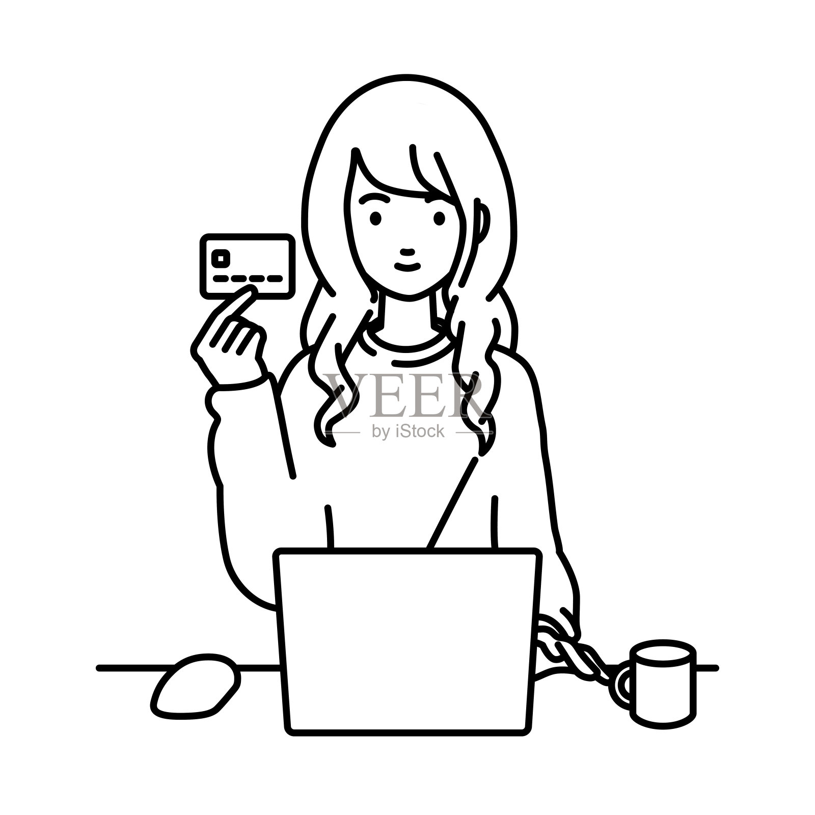 一个穿着休闲风格的女人,在她的办公桌前使用笔记本电脑,拿着一张带有马克杯的信用卡插画图片素材