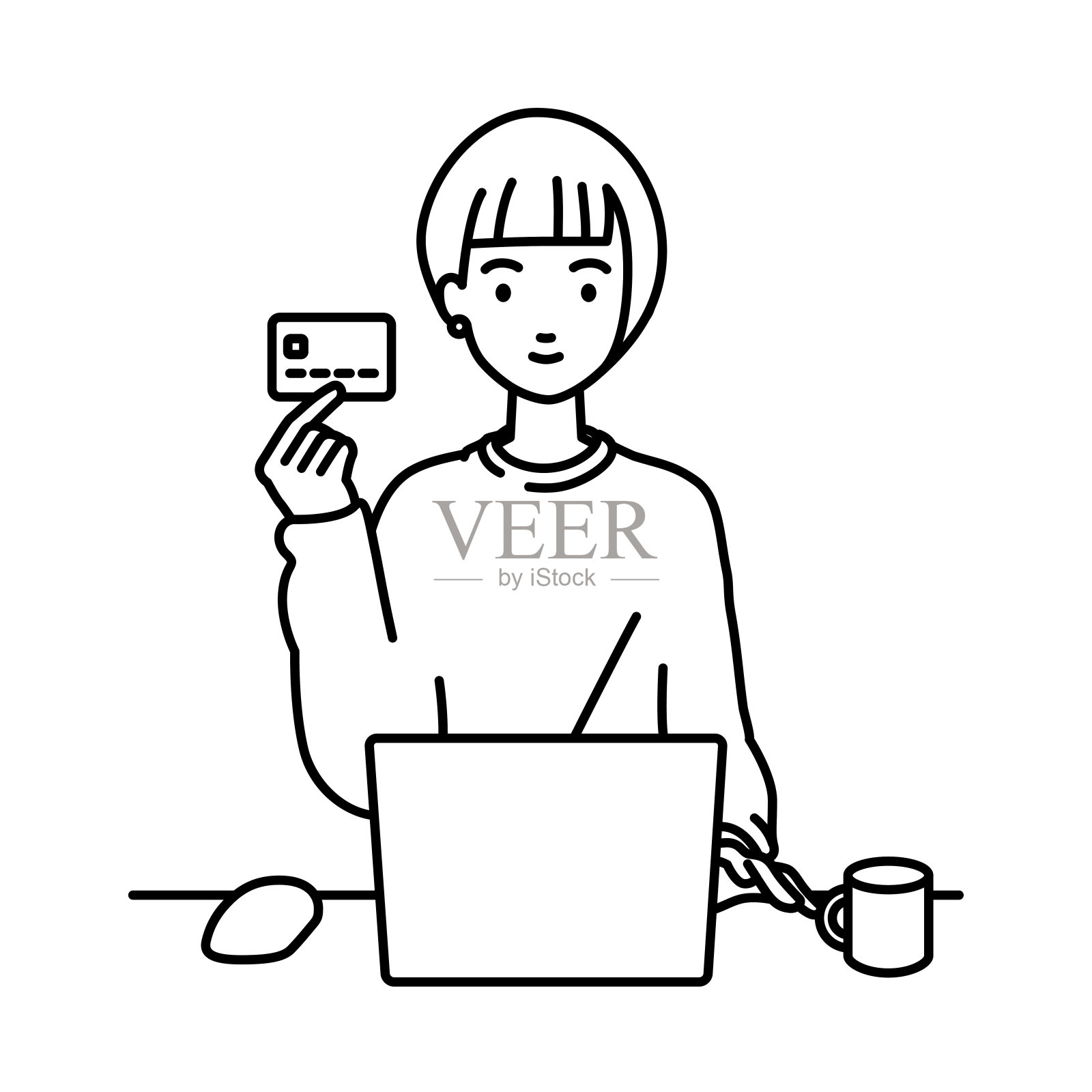 一个穿着休闲风格的女人,在她的办公桌前使用笔记本电脑,拿着一张带有马克杯的信用卡插画图片素材