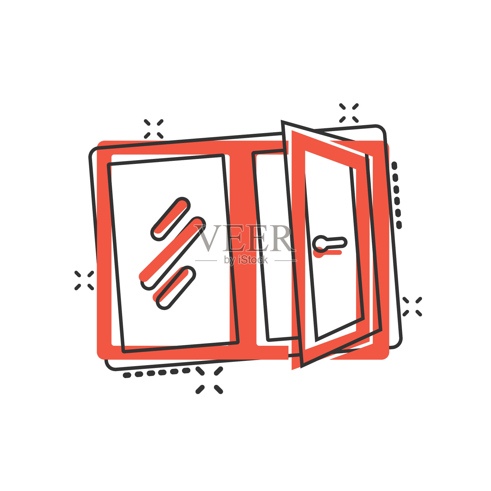 窗口图标在漫画风格。窗扉卡通矢量插图孤立的背景。家居室内飞溅效果标志经营理念。插画图片素材