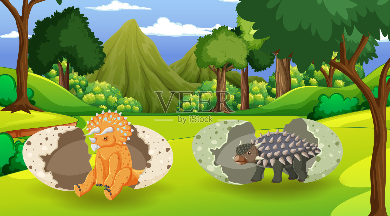 恐龙在森林里的场景插画图片素材