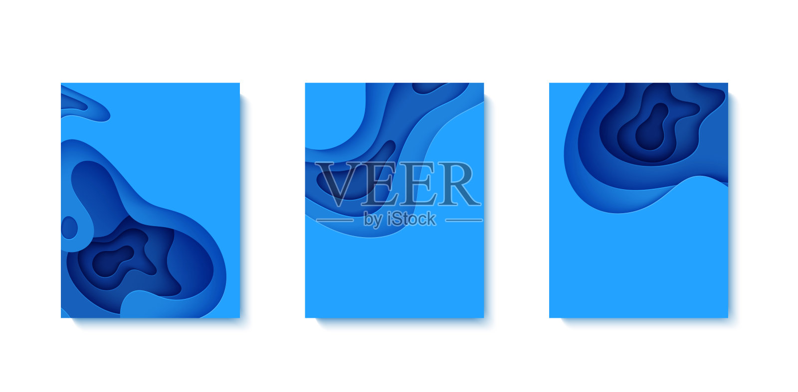 剪纸风格的抽象背景集。3d壁纸与削减深波现代封面。蓝色图层与平滑阴影剪纸艺术。矢量插图,折纸几何形状插画图片素材