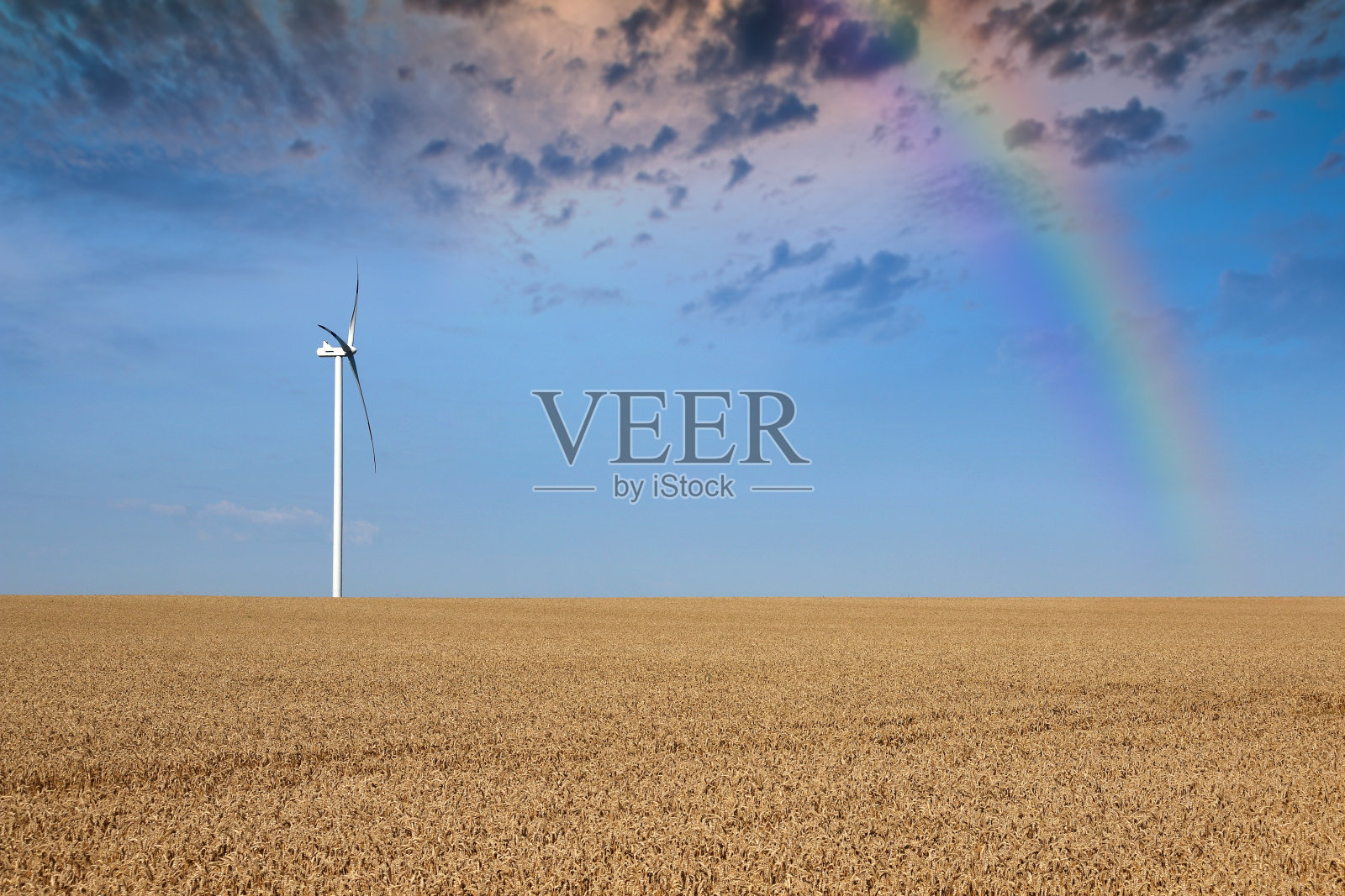 风力涡轮机在麦田和彩虹景观照片摄影图片