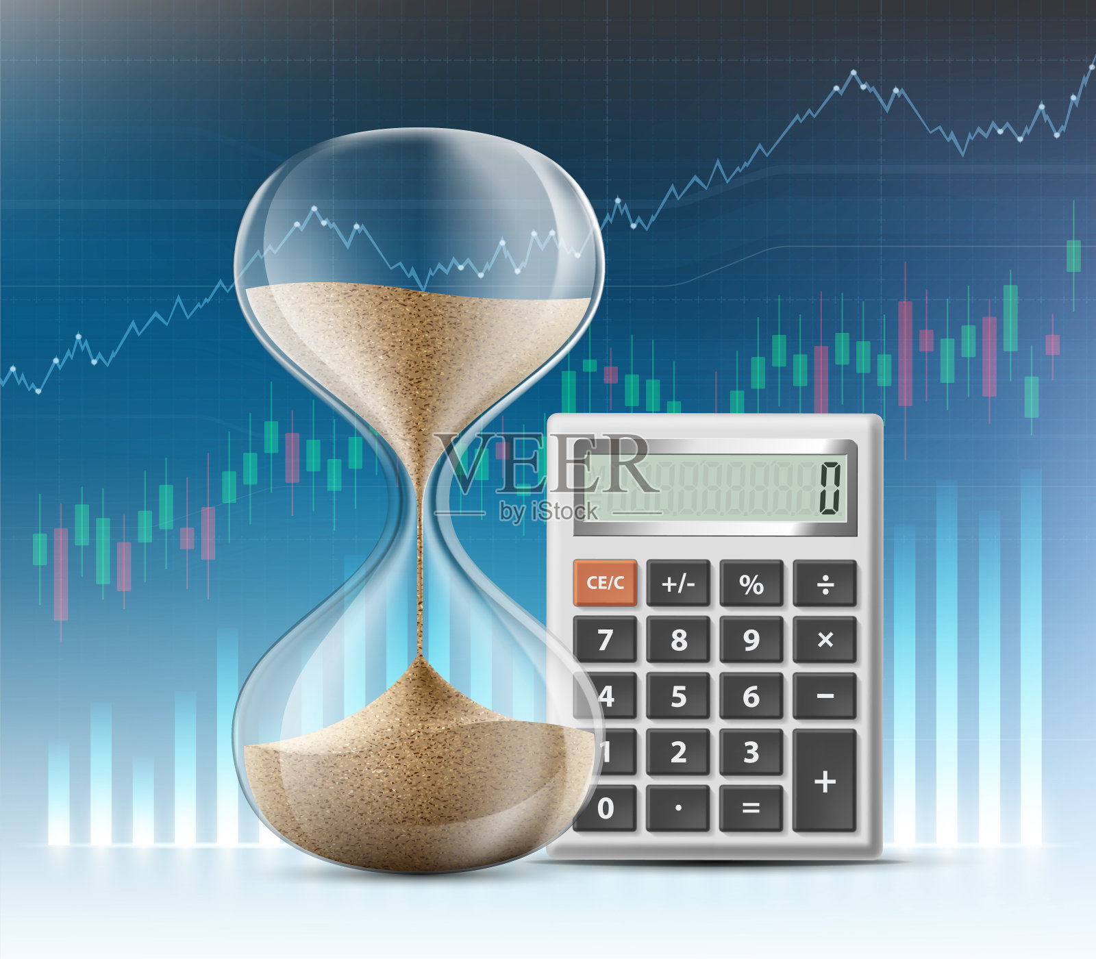 沙漏旁边的计算器的财务背景插画图片素材