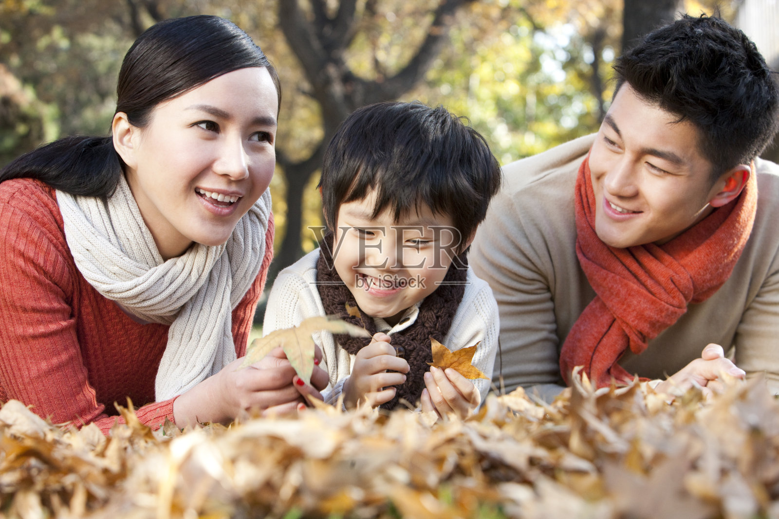 秋日里一家三口在一起玩耍照片摄影图片