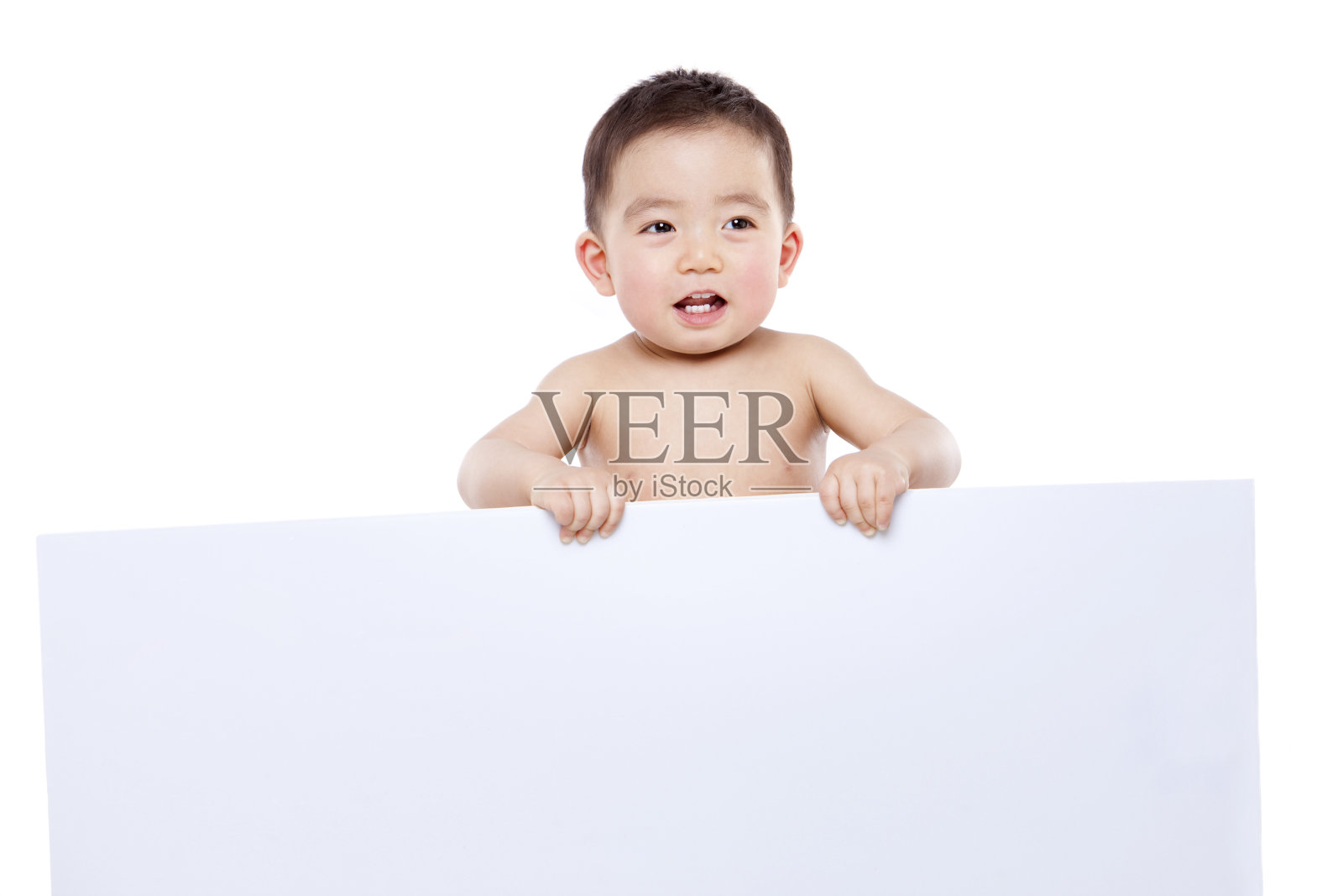 可爱男婴和白板照片摄影图片