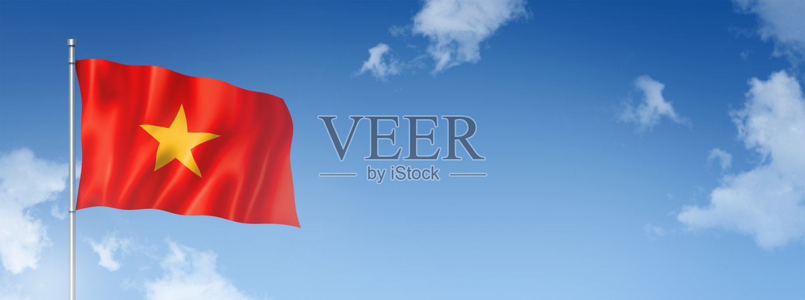 越南国旗孤立在蓝天上。水平的旗帜照片摄影图片