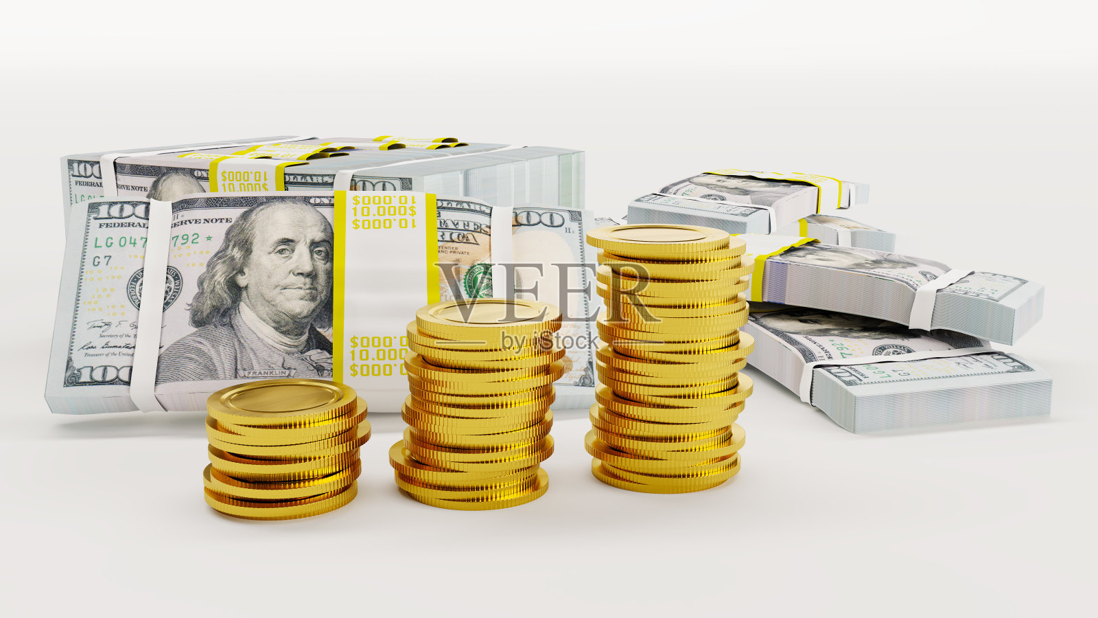 白色背景上的美元纸币和金币,照片摄影图片