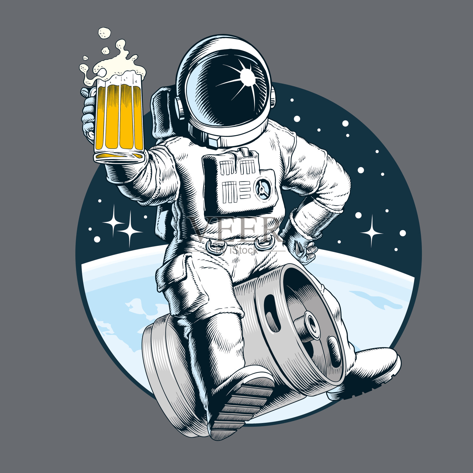 宇航员坐在啤酒桶上,拿着啤酒杯。矢量插图。插画图片素材