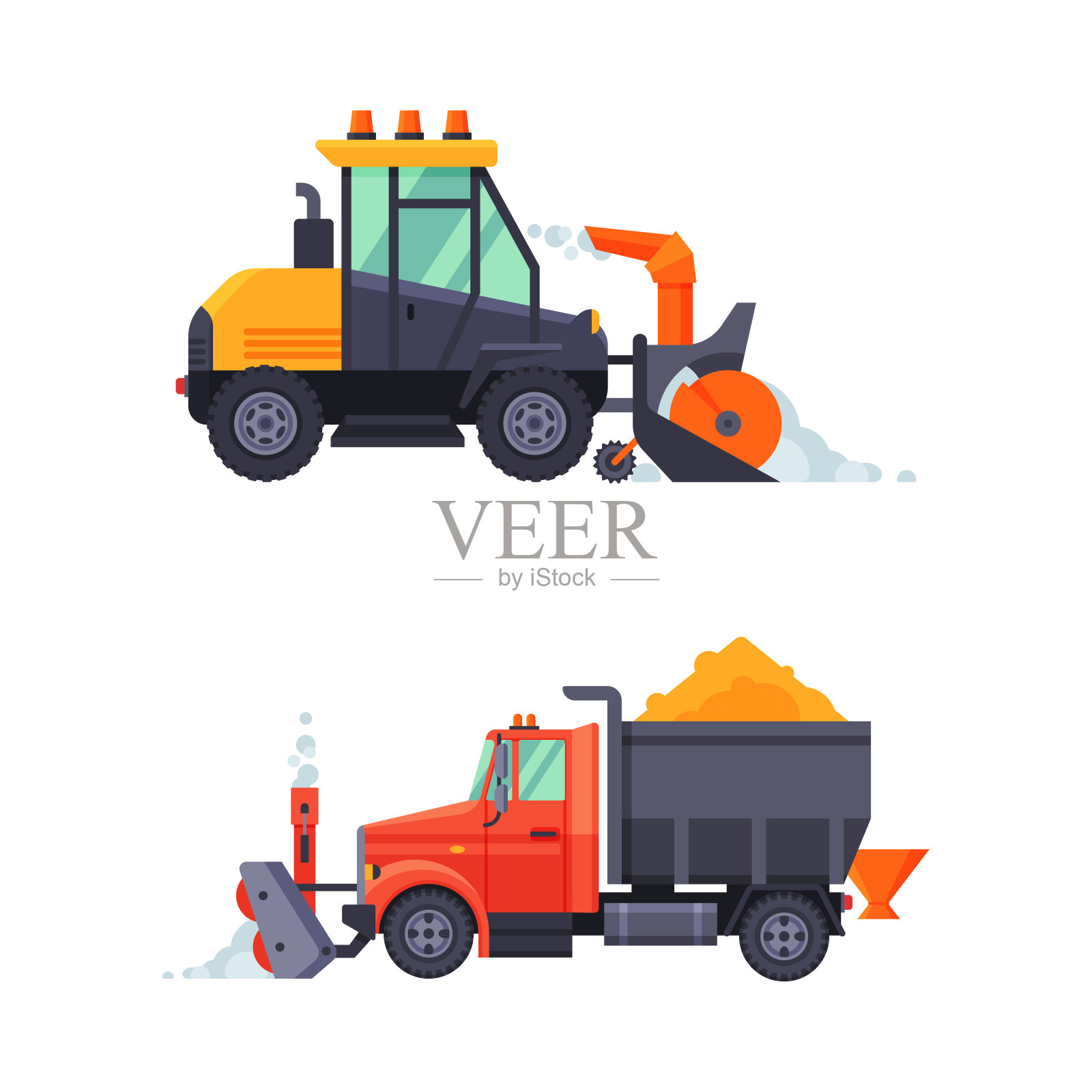 扫雪机冬季车辆设置。道路保洁车,专业工业运输矢量插图插画图片素材