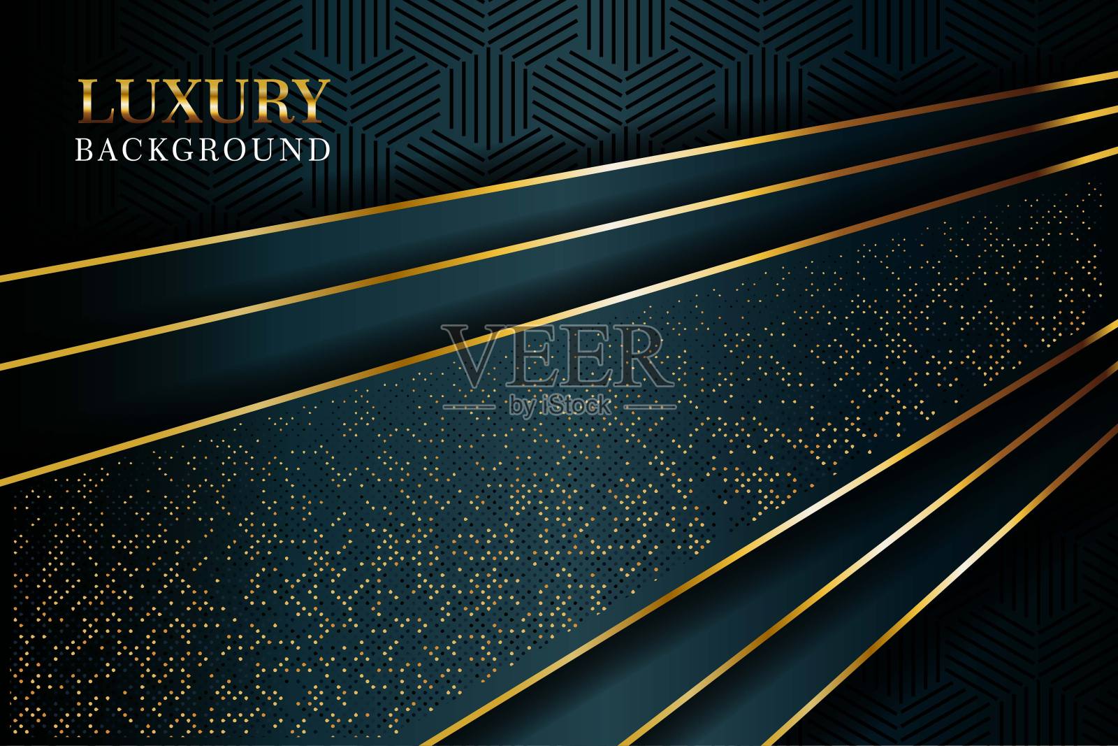 抽象的深绿色重叠闪烁点和金线现代奢华未来技术背景矢量插图。插画图片素材