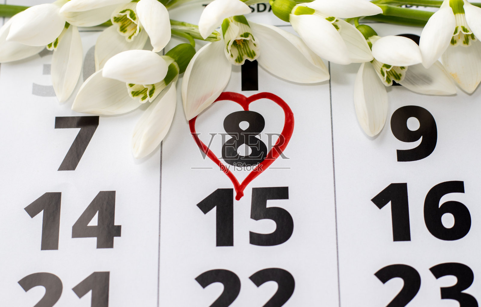 3月8日。妇女节或母亲节。8号在一个红色的心和雪花花在页面的顶部。你好,春天。照片摄影图片