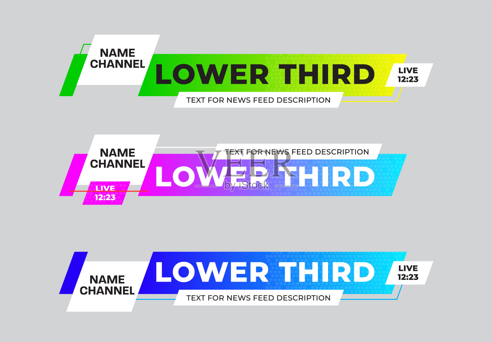 屏幕下三分之一的向量用于标题,名称,频道,标题板。具有对角梯度元素的模板,用于突发新闻,现场广播和事件。新闻提要。集插画图片素材