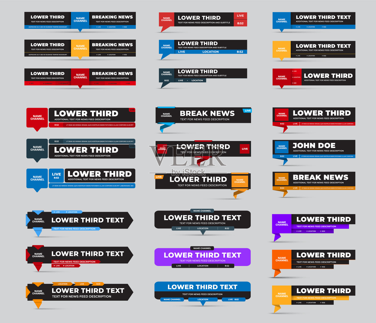 矢量低三分之一与新闻饲料,仪表盘与折纸腿黑色背景与颜色元素,为名称,频道,标题板。插画图片素材