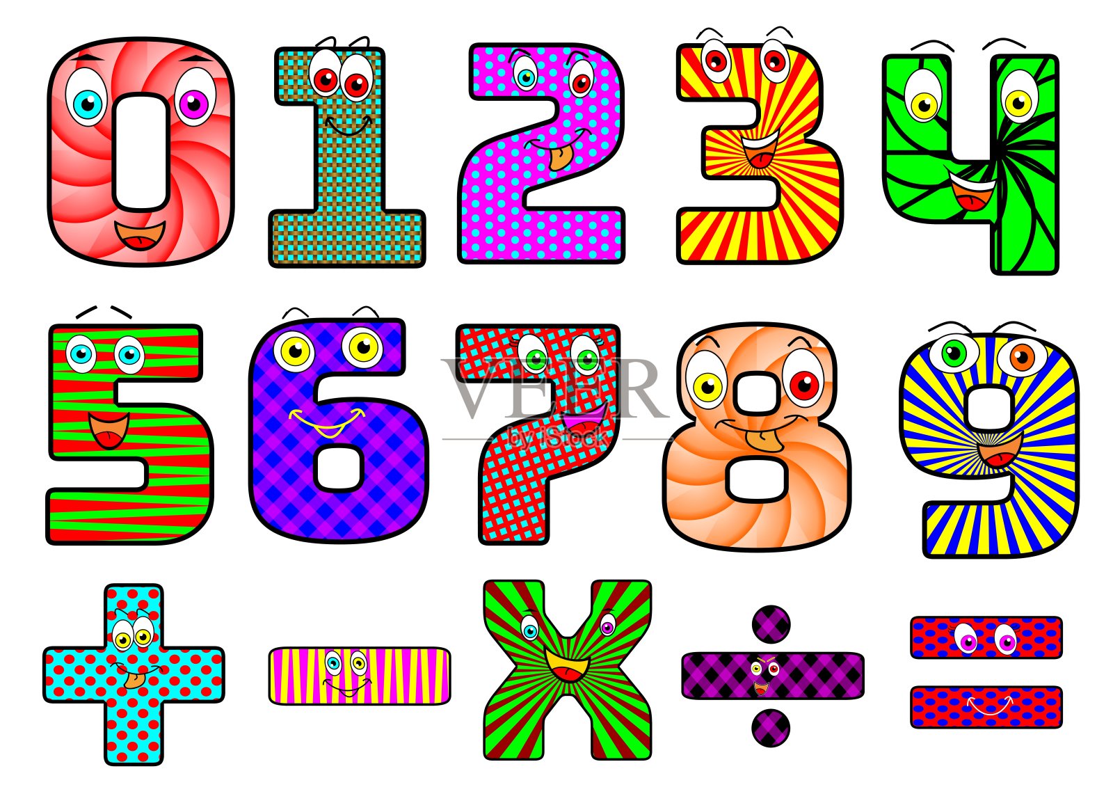 可爱有趣的彩色数字卡通人物集,卡通插图。一,二,三,四,五,六,七,八,九,零。微笑的字符,数学符号。插画图片素材