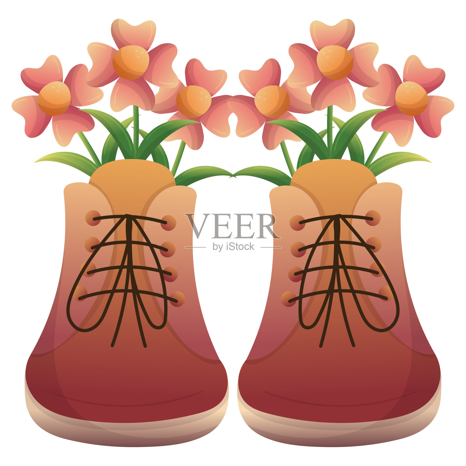 春天的靴子,花束,树叶。矢量手绘孤立插图。平的卡通风格。插画图片素材