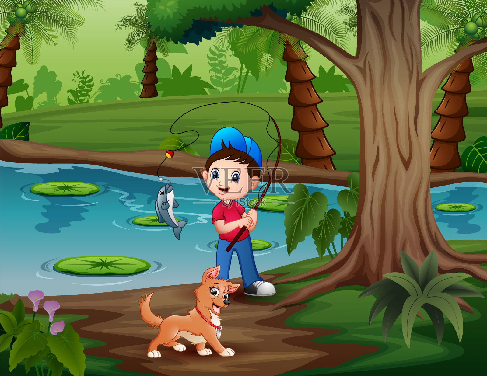 快乐的男孩和他的宠物狗钓鱼插画图片素材