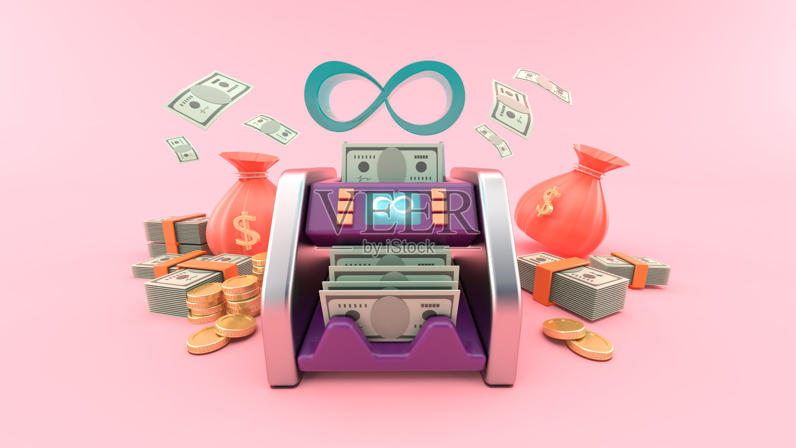 无限的货币柜台机周围是钱袋,金币,粉红色背景的钞票。软流行插图风格为商业和金融。三维渲染照片摄影图片