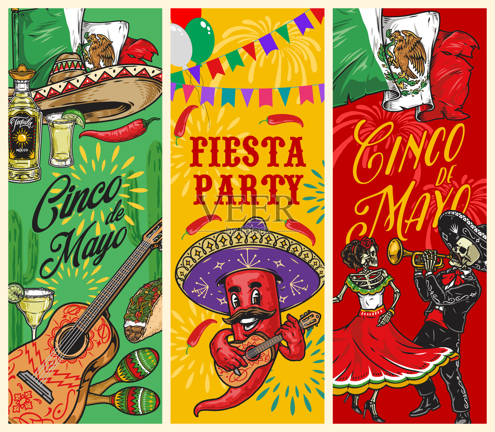 彩色的墨西哥垂直横幅设置图标素材