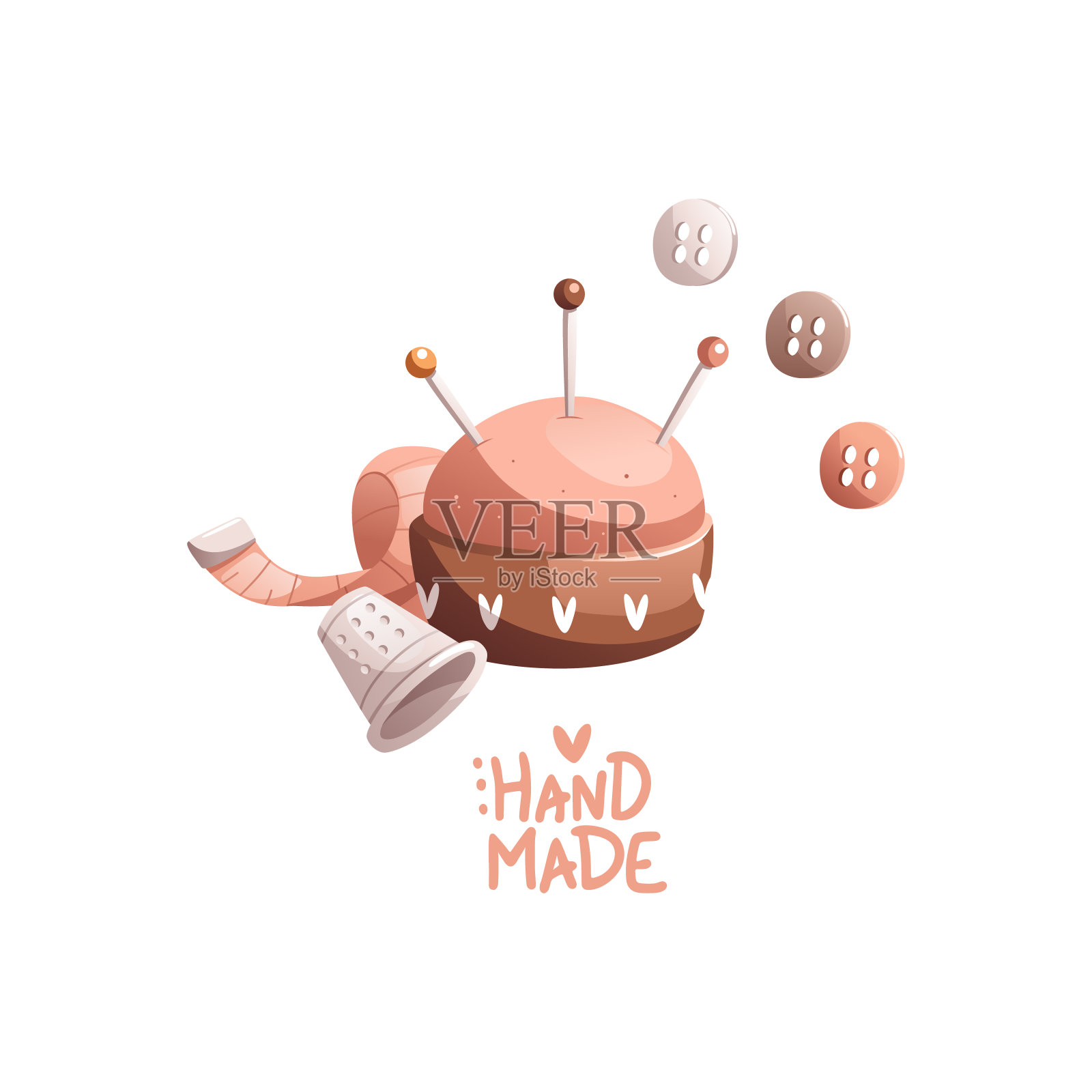 用大头针、顶针、海绵和钮扣缝制物品。碑文是手工制作的。详细的矢量图。插画图片素材