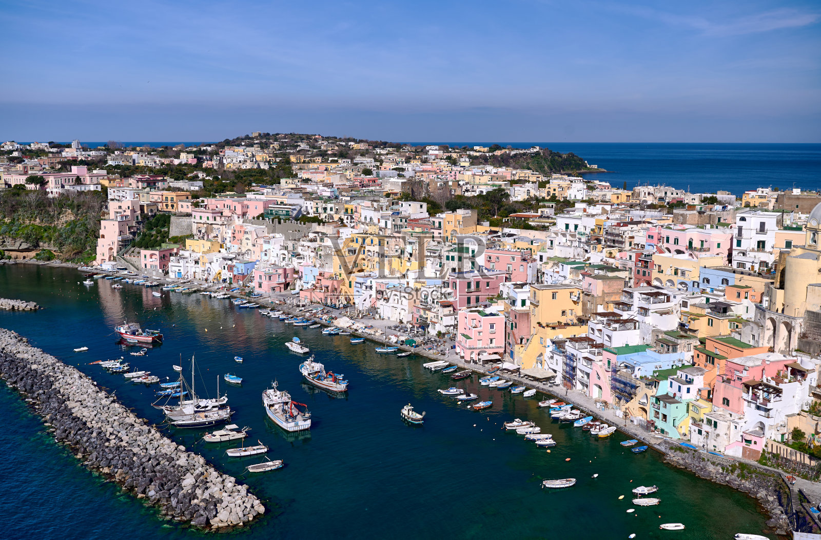 意大利,坎帕尼亚,那不勒斯湾,普罗西达岛,滨海迪科里塞拉岛。照片摄影图片