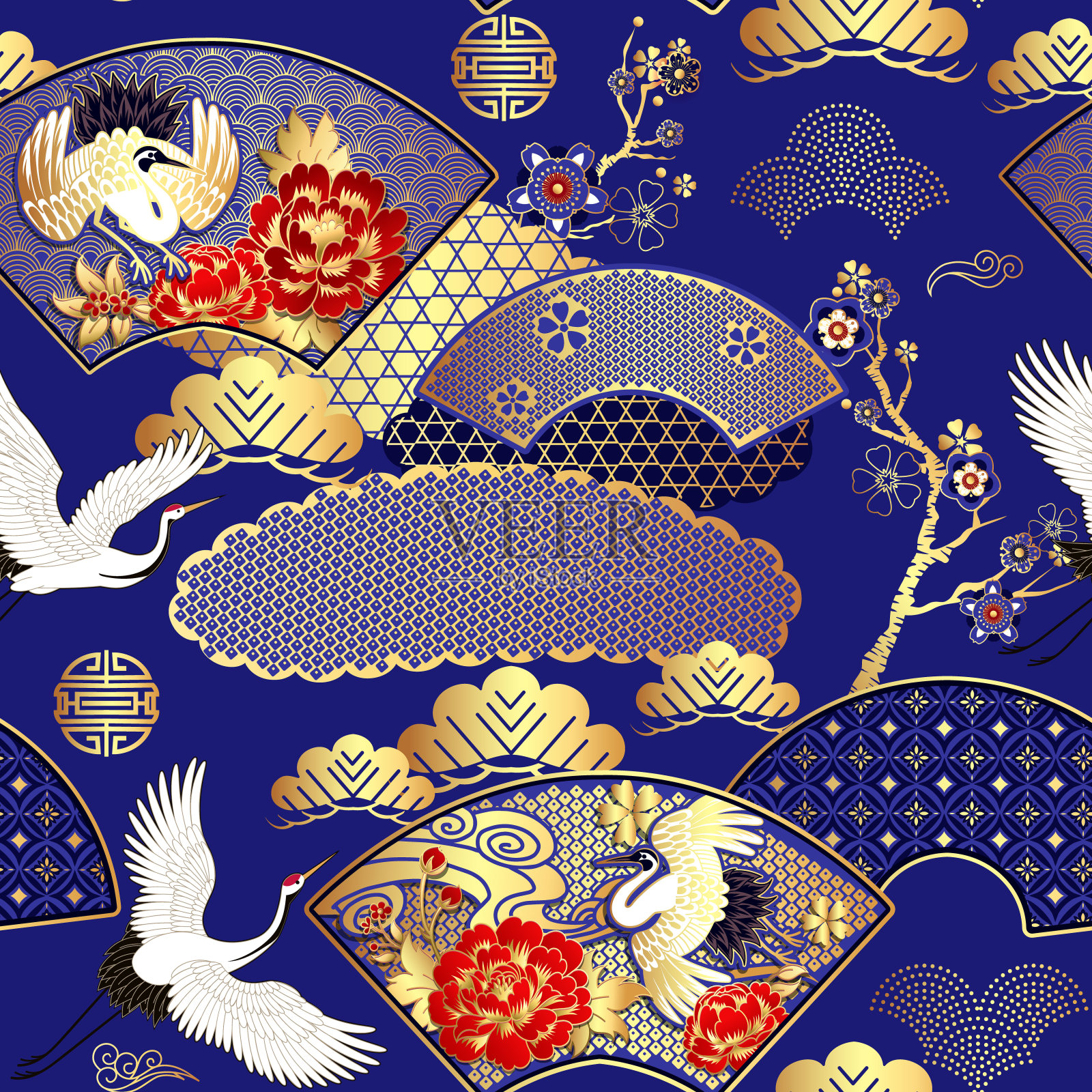 春天的日本背景有扇子和起重机插画图片素材