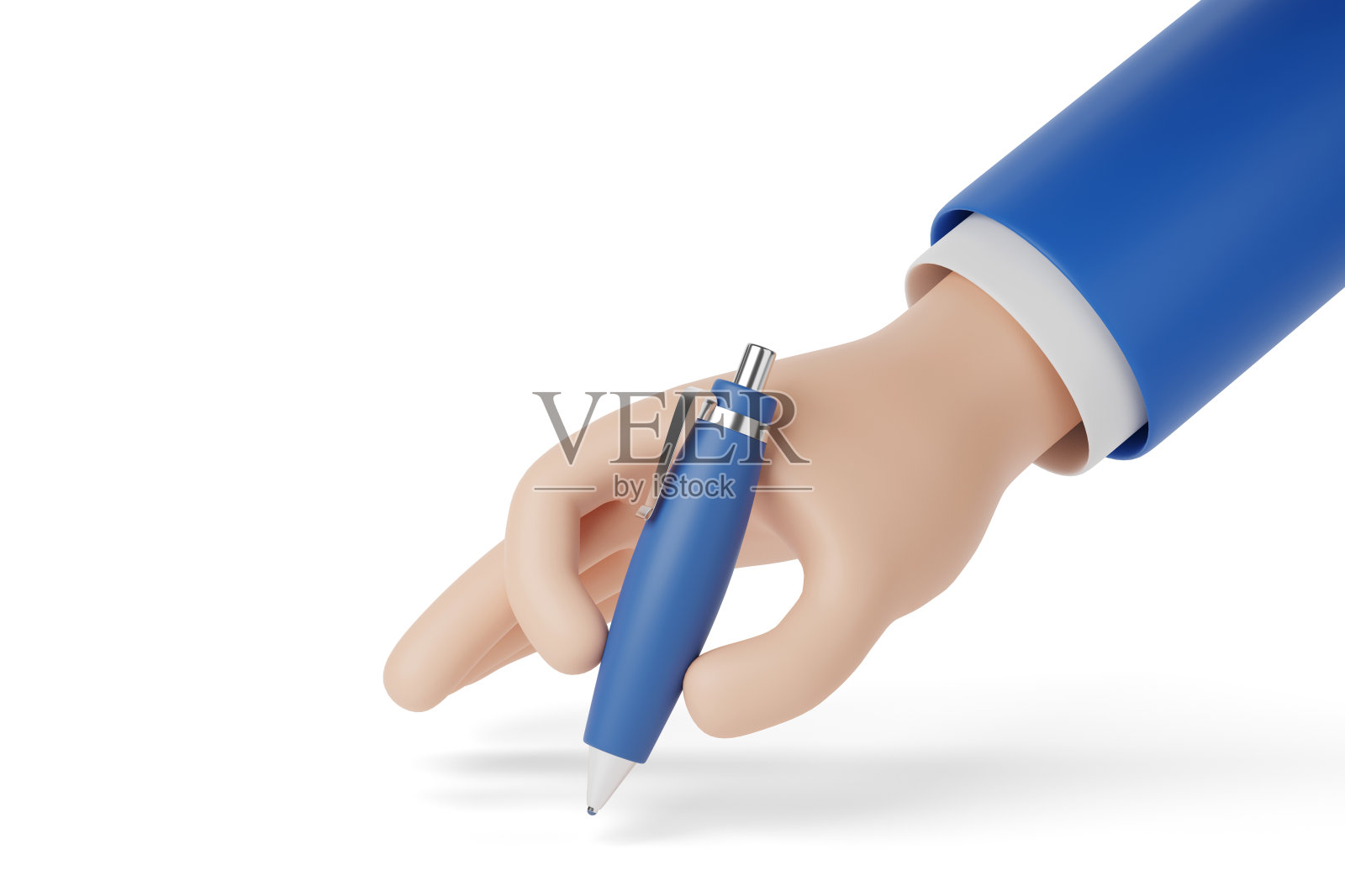 卡通手与钢笔孤立在白色背景上。3 d演示。照片摄影图片