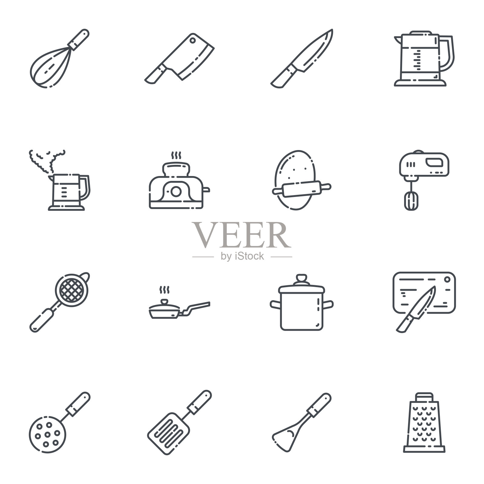 一组矢量线图标的厨房用具,烹饪工具和设备图标素材