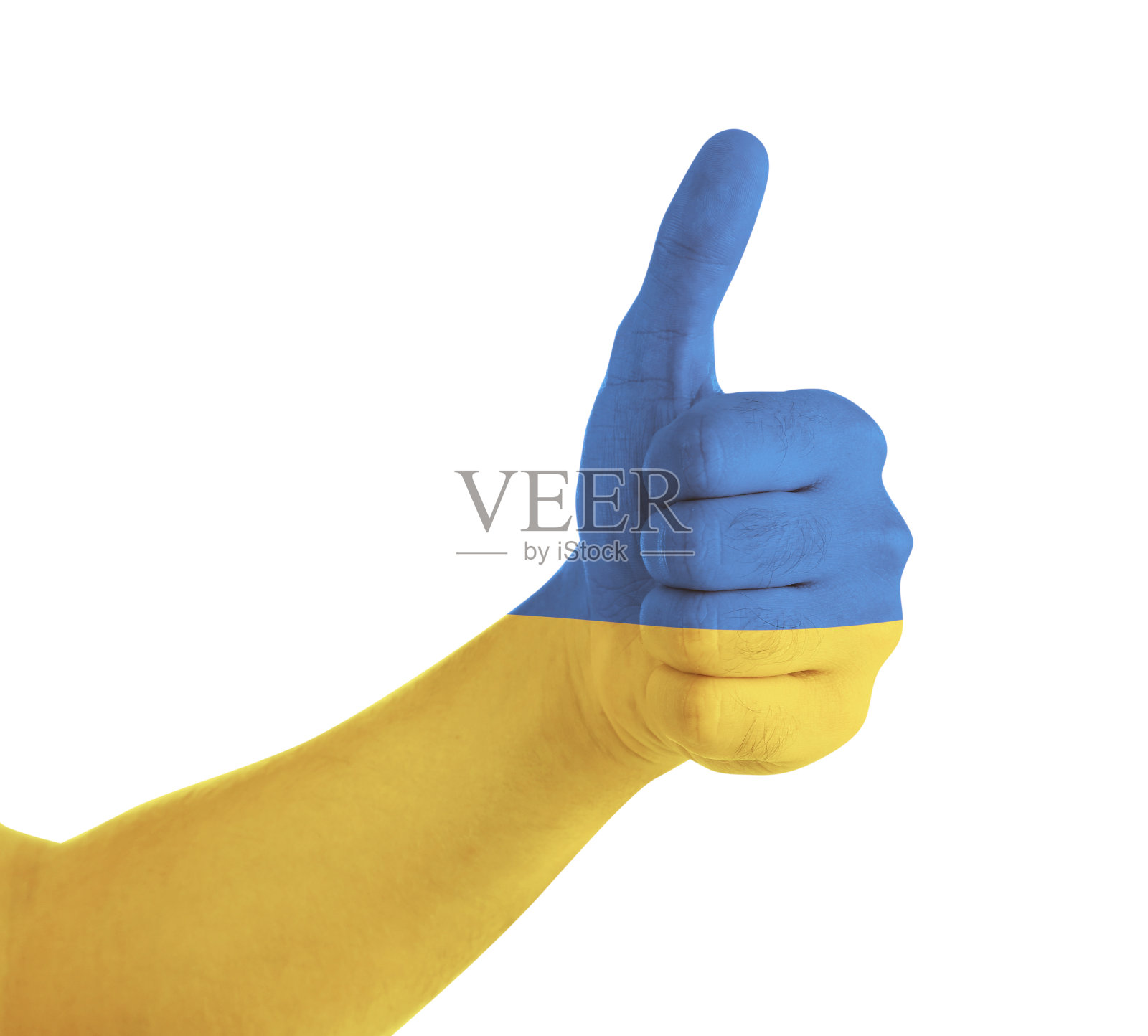 男人竖起大拇指的手势,特写。交出乌克兰国旗的颜色照片摄影图片