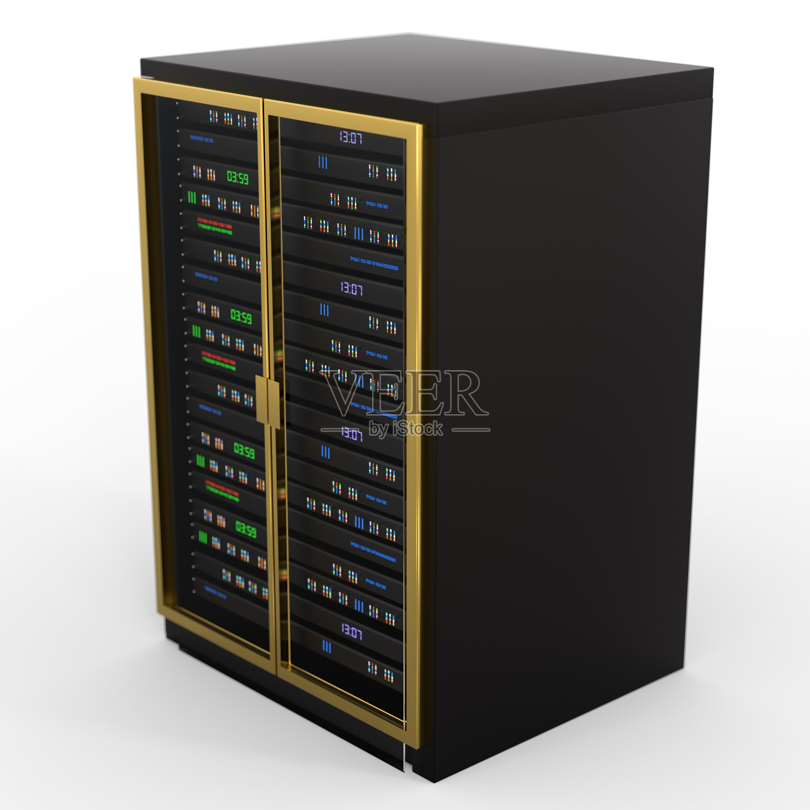 现代服务器机架。服务器机架的形象。孤立的白色背景。三维渲染照片摄影图片