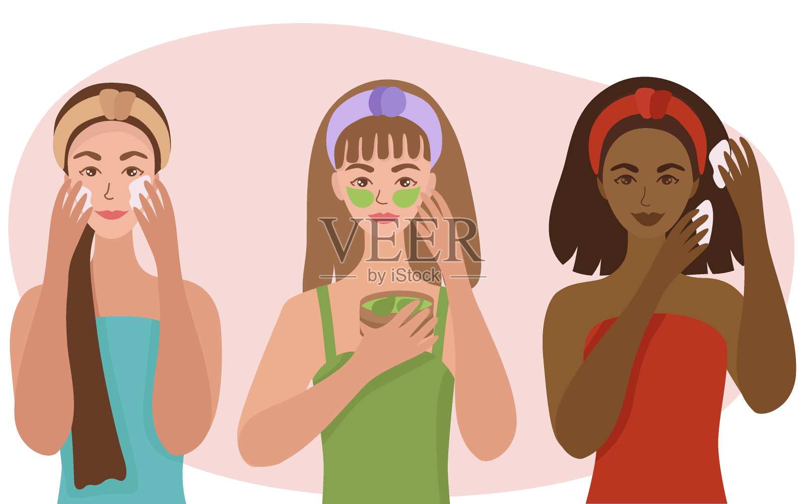 女朋友做自我护理,面膜,头发。不同国籍的家庭水疗中心。矢量插图孤立。插画图片素材