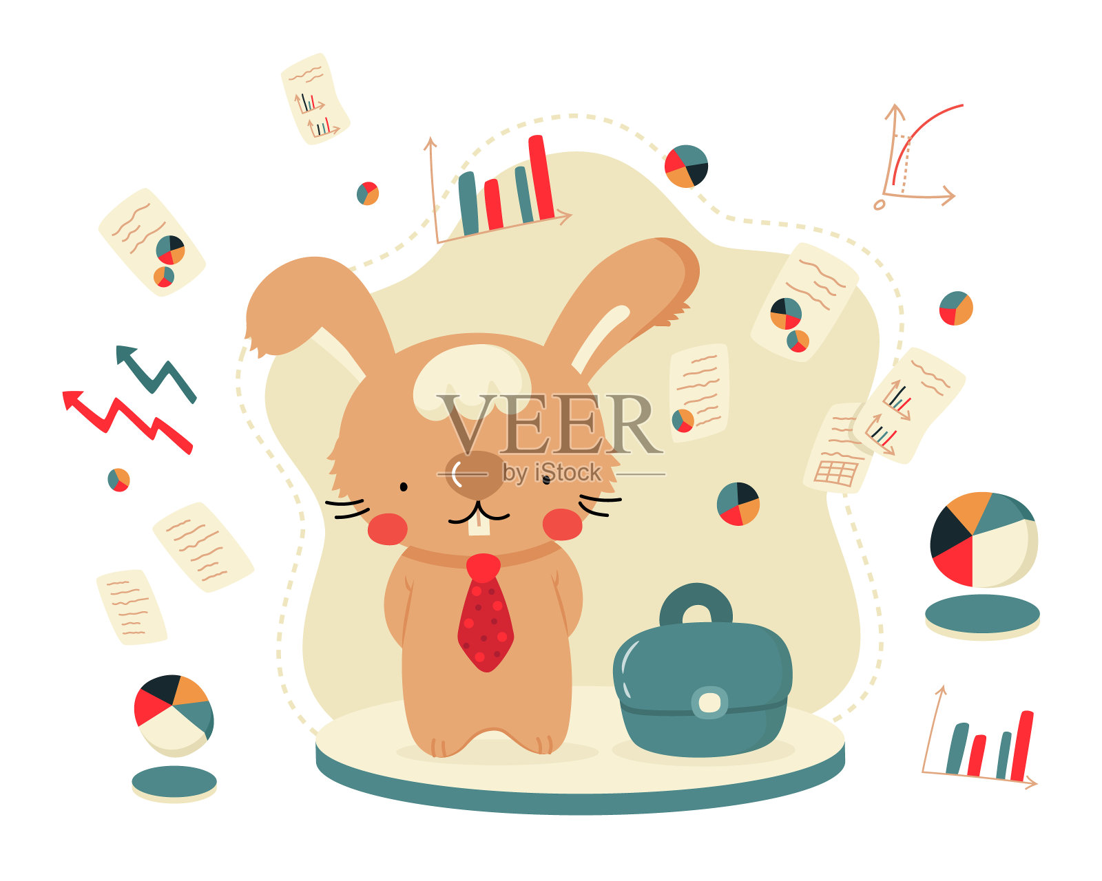 可爱的卡通兔子,带着领带和公文包插画图片素材