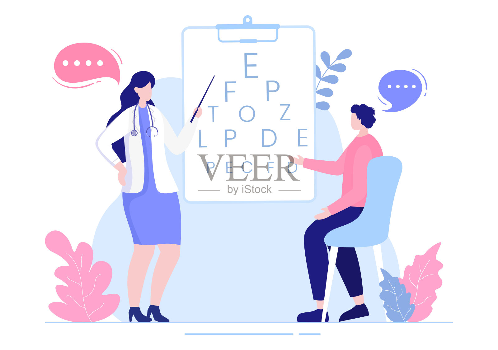 眼科检查病人视力,光学眼睛测试,眼镜技术和选择眼镜与矫正镜头在平面卡通插图插画图片素材