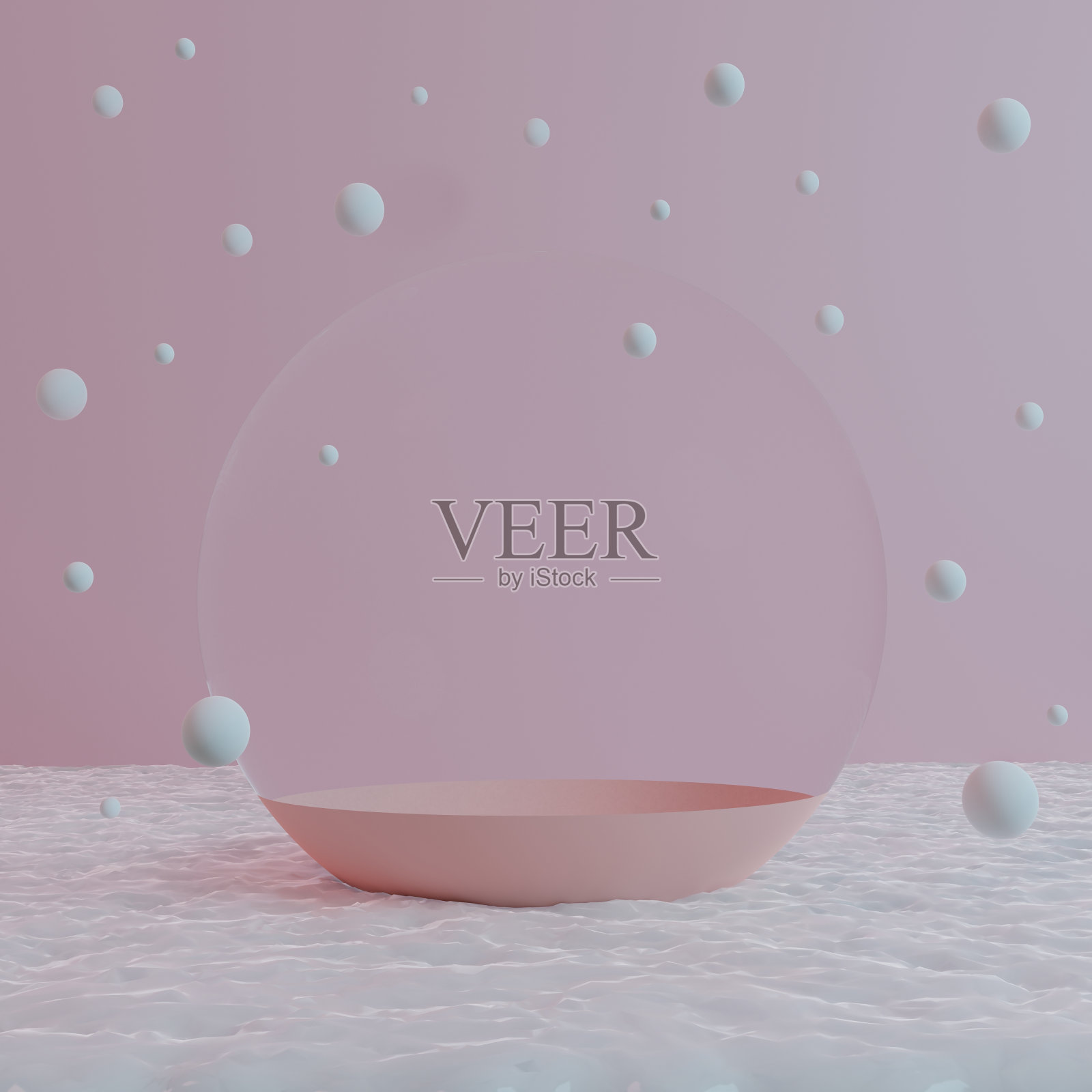 空玻璃球在雪与雪在粉红色的背景3D插图照片摄影图片