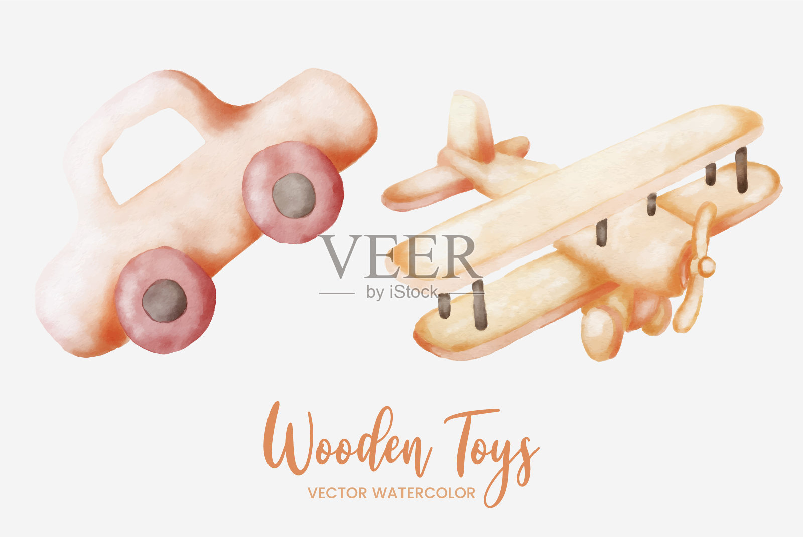 汽车和飞机木制玩具水彩集美术平面设计插图插画图片素材