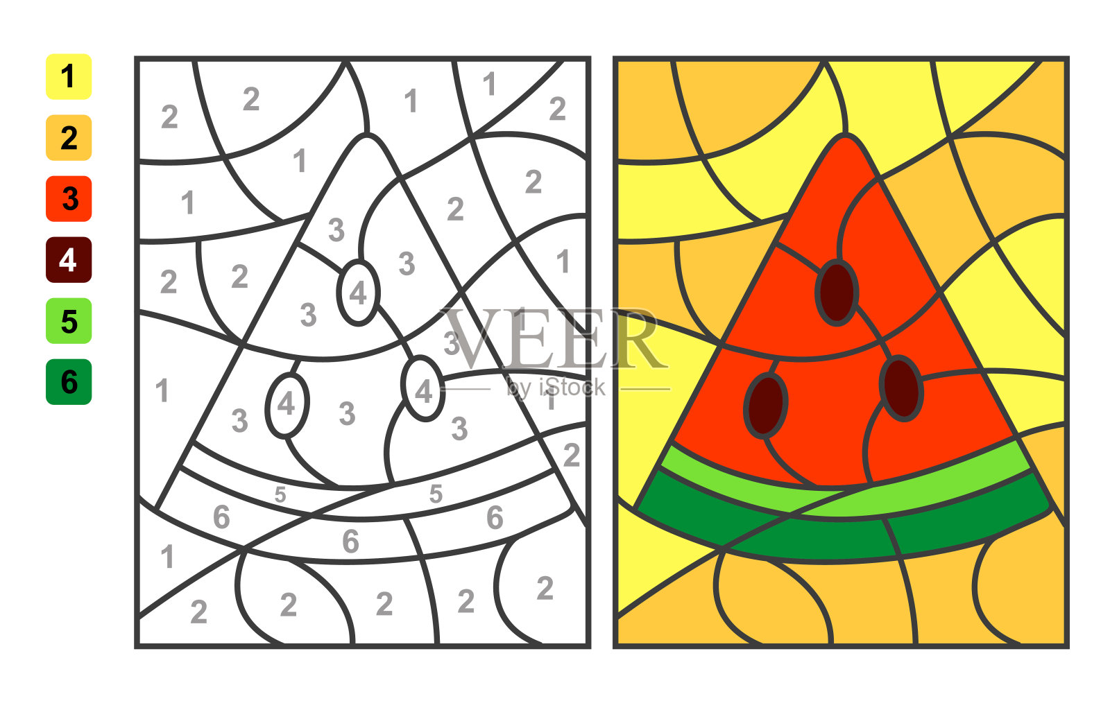 按数字给西瓜片上色。益智游戏,儿童教育,色彩绘画和学习数学插画图片素材