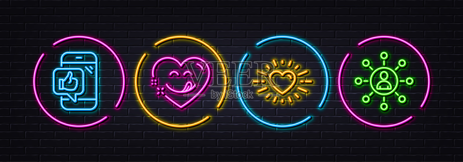 手机喜欢,心脏和Yummy微笑最小的线图标。对于web应用,打印。氖激光3d灯。向量插画图片素材