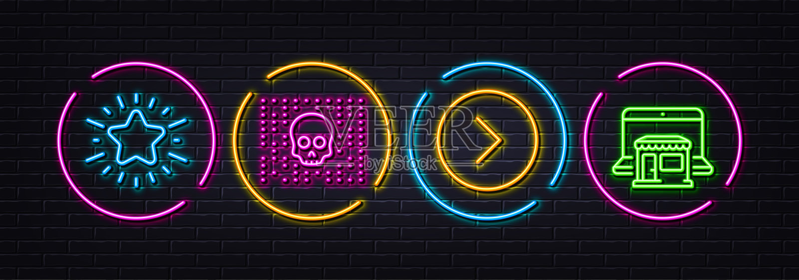 闪烁的星星,网络攻击和前进最小线图标。对于web应用,打印。氖激光3d灯。向量插画图片素材