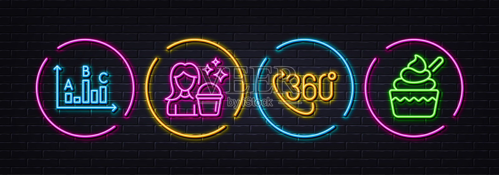 清洁,调查结果和360度最小的线图标。对于web应用,打印。氖激光3d灯。向量插画图片素材