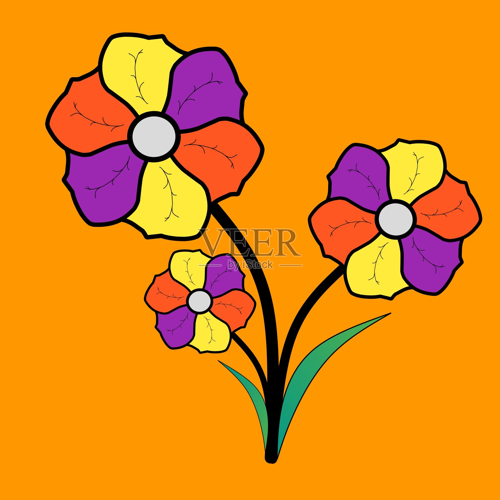 橙色背景上的3朵花和叶子的插图插画图片素材